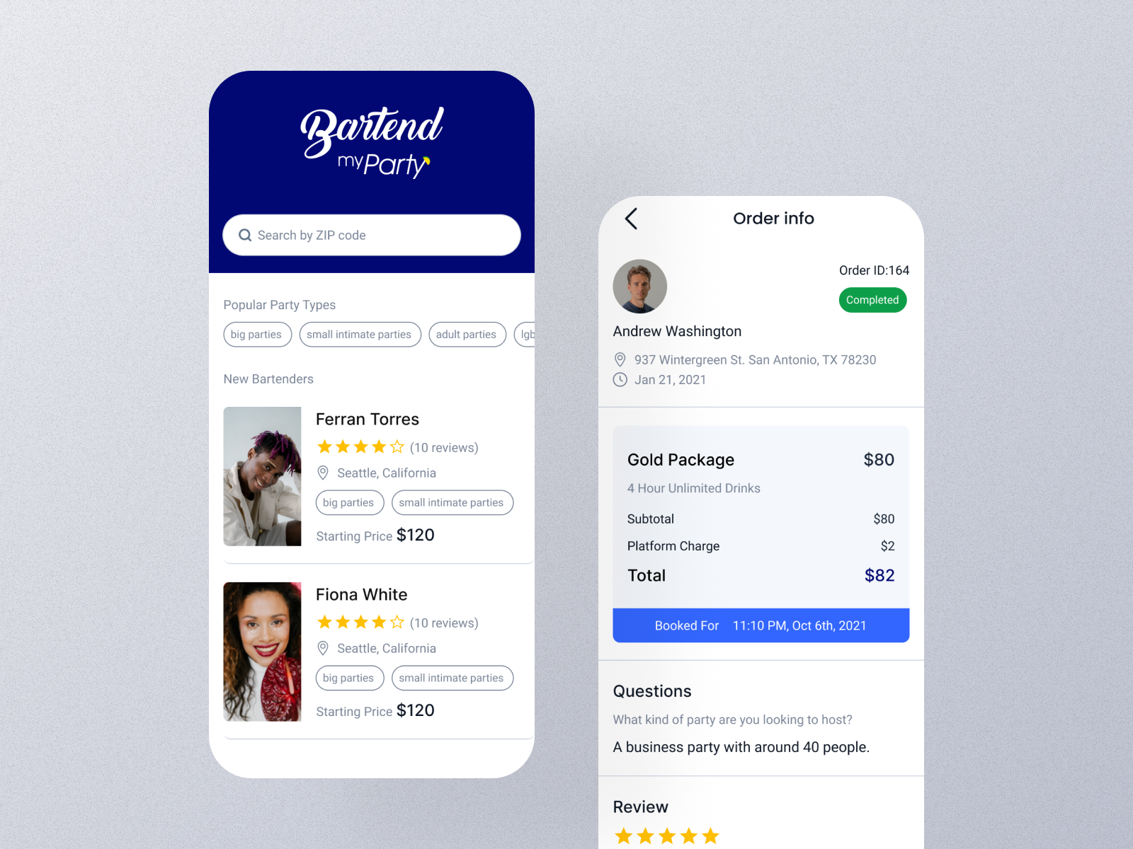 Bartend my Party - Mobile app design